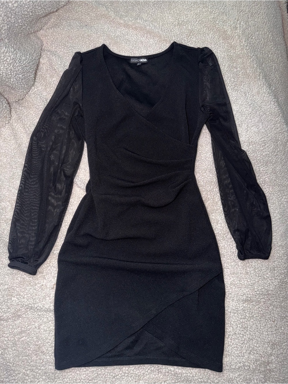 Fashion Nova Black Long-Sleeve Mesh Wrap Dress